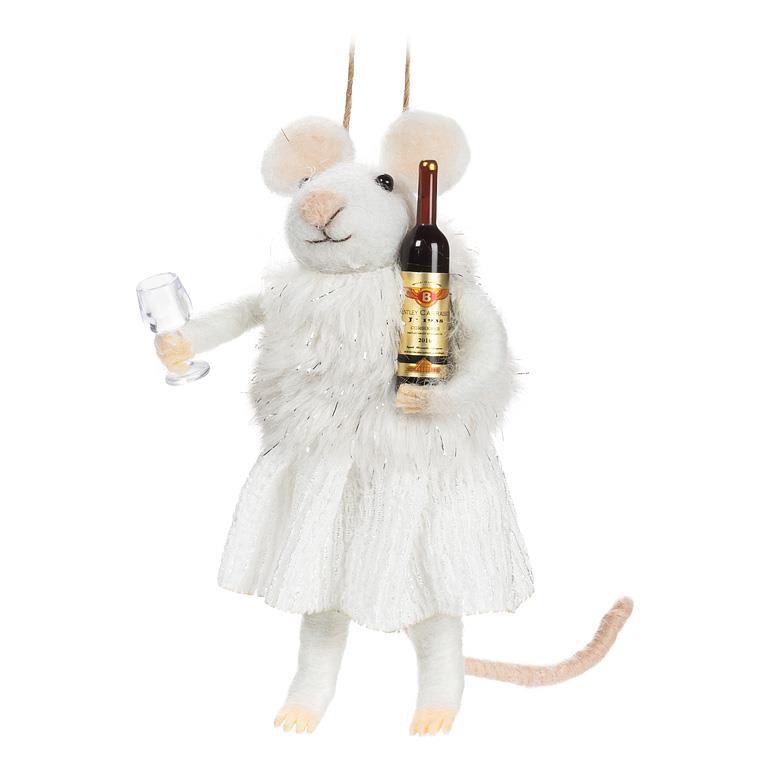 Winter Mouse with Wine Glass Felt Ornament | Putti Christmas Celebrations