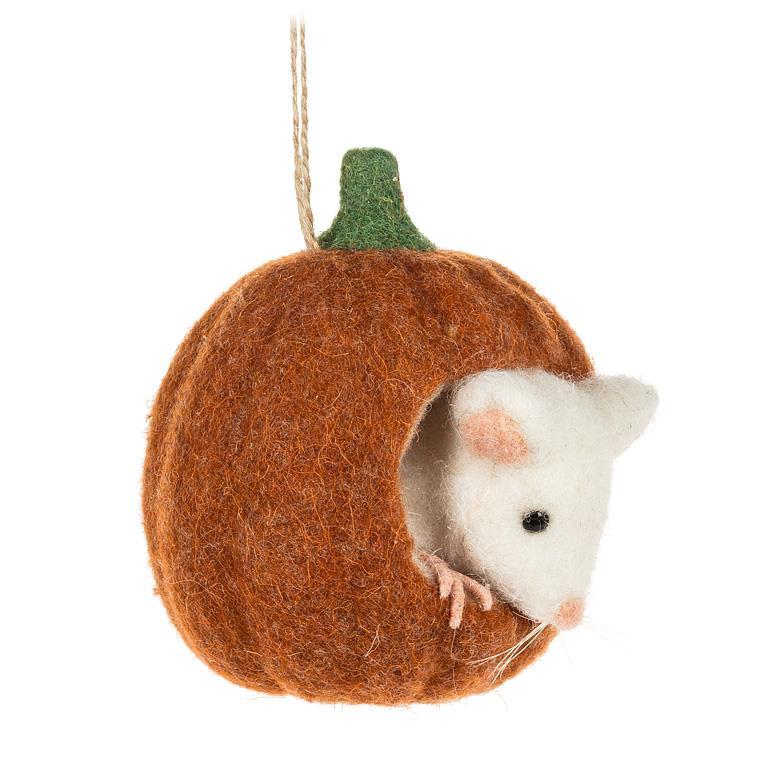 Mouse in Small Pumpkin Ornament | Putti Halloween Decorations