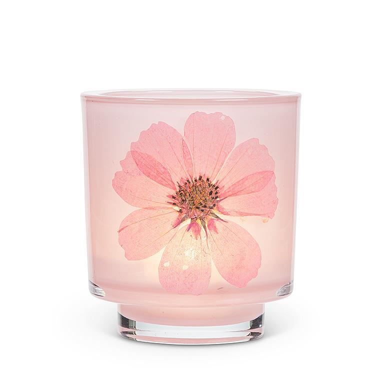 Frosted Votive with Pressed Flowers - PInk Flower
