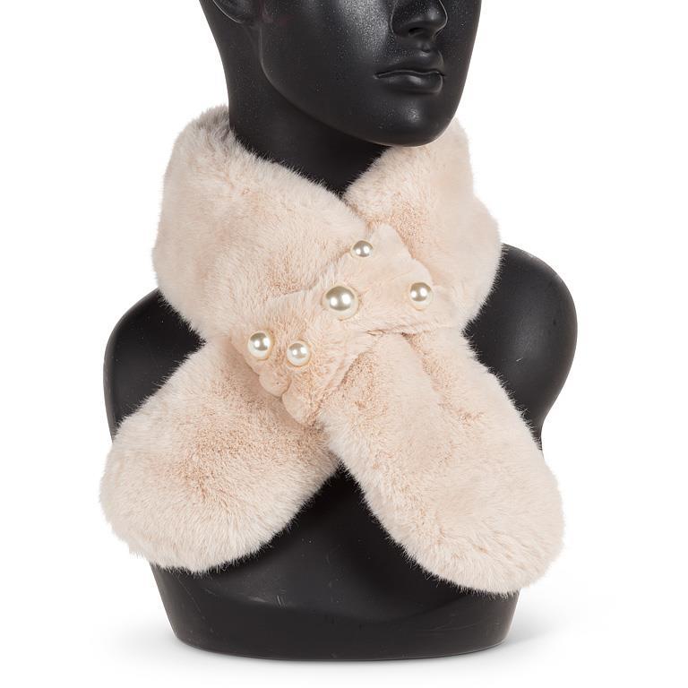 Faux Fur Pull Thru Scarf with Pearls - Champagne