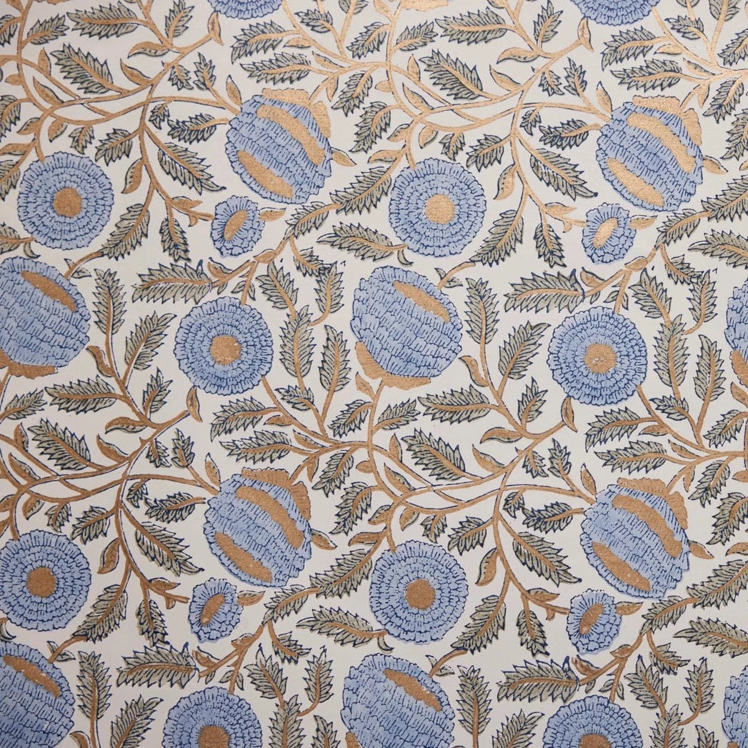 Hand Block Printed Gift Wrap Sheets - Marigold Glitz Blue Stone