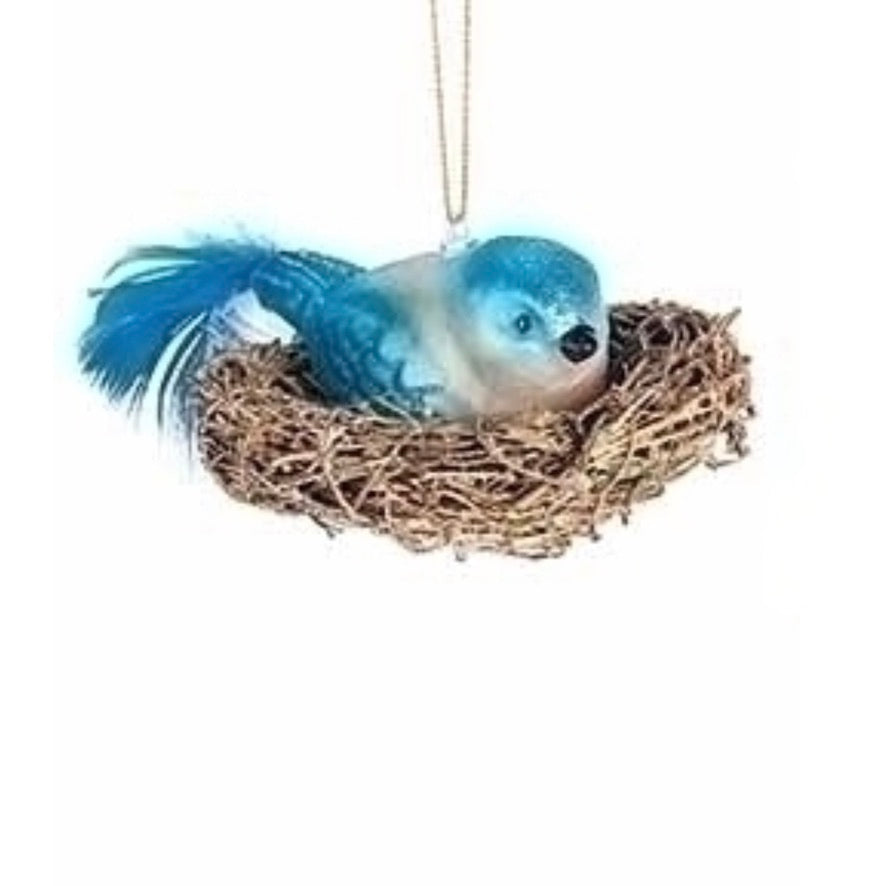 Glass Bluebird in Nest Ornament