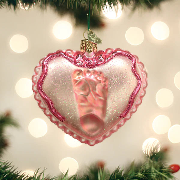 Old World Christmas Baby Girl's Footprint Heart Ornament