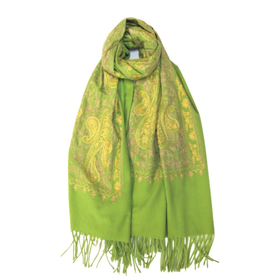 Cashmere Gold Embroidery Paisley Pattern Scarf - Lime