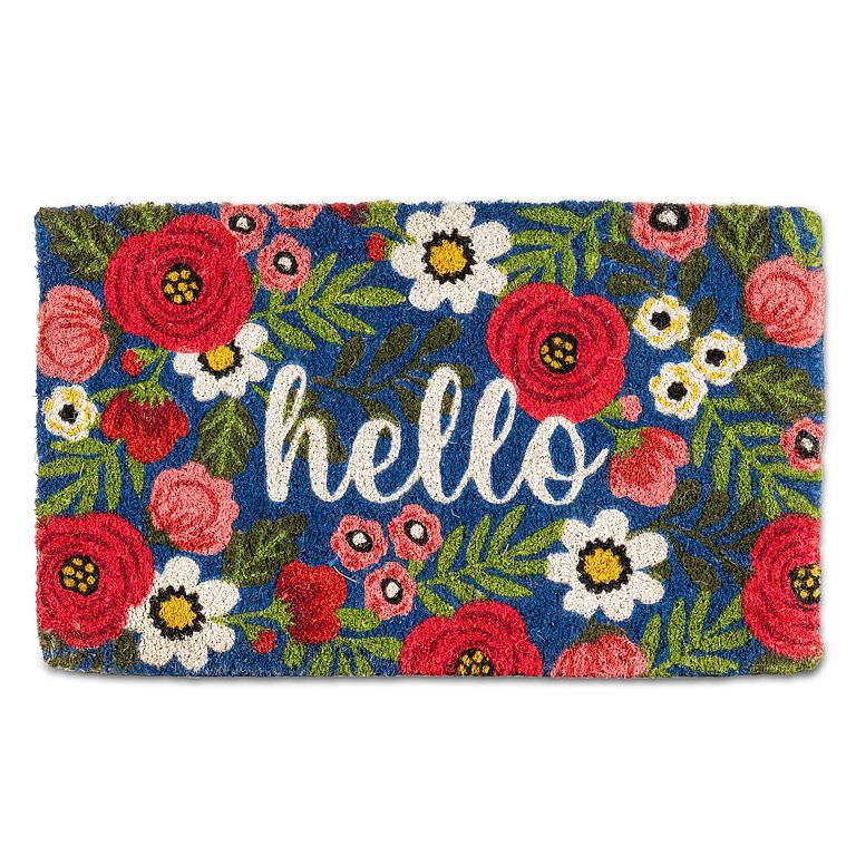 Navy Floral Hello Doormat  | Putti Fine Furnishings Canada