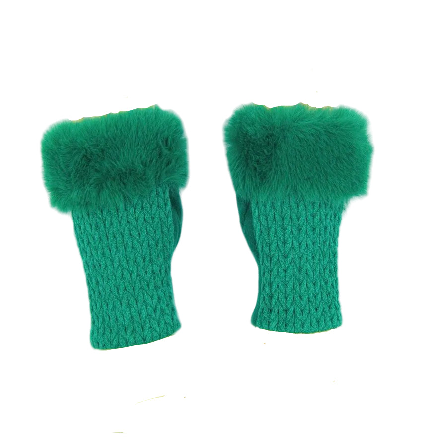 Cashmere Blend Fur Trimmed Fingerless Gloves - Green