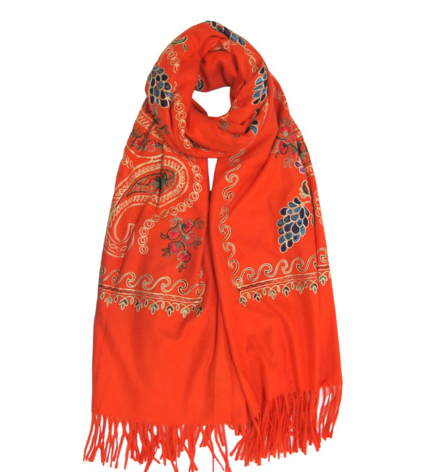 Cashmere Blend Embroidery Grape Pattern Scarf - Orange