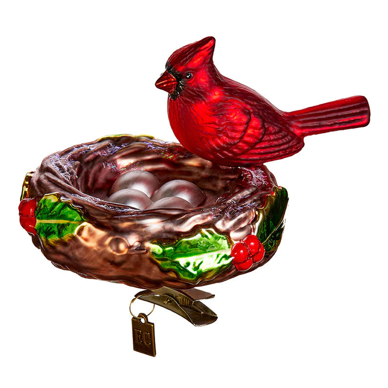 Eric Cortina Cardinal on Nest Clip-on Glass Ornament | Putti Christmas Decorations