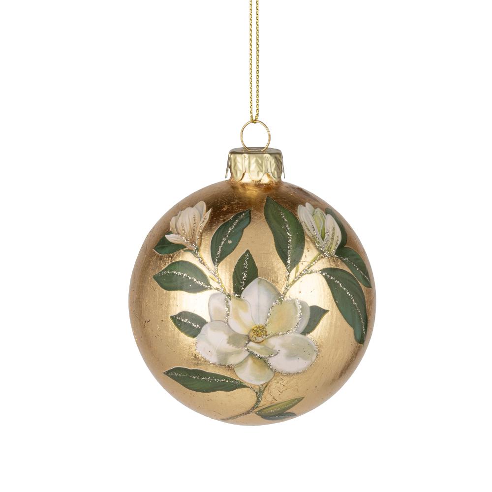 Magnolia on Gold Foil Glass Ball Ornament