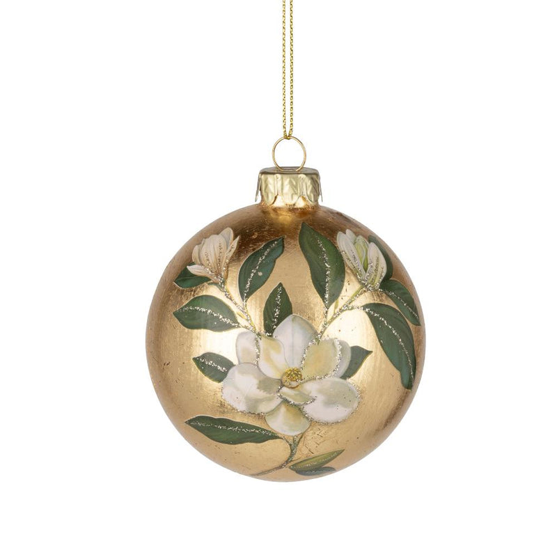 Magnolia on Gold Foil Glass Ball Ornament