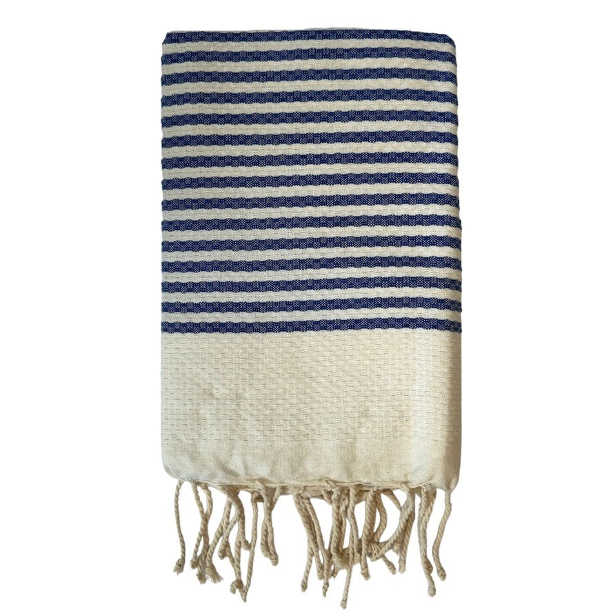 White Honeycomb Fouta with Navy Stripe | Putti Fine Furnishings