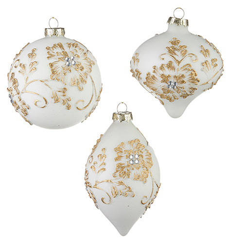 Matte White with Gold Floral Glass Ornament