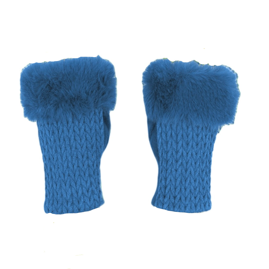 Cashmere Blend Fur Trimmed Fingerless Gloves - Blue