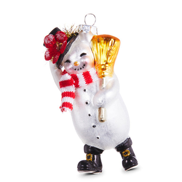 Snowman with Broom Glass Christmas Ornament