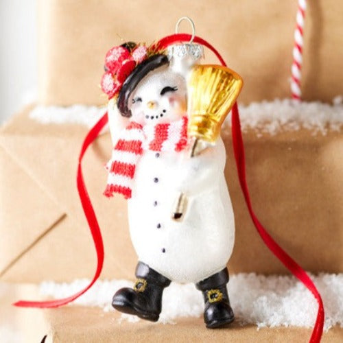 Snowman with Broom Glass Christmas Ornament