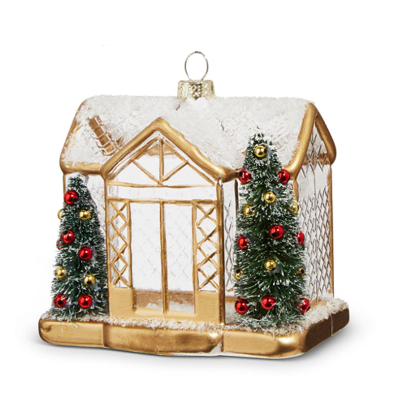 Gold Greenhouse Glass Ornament with Brush Trees  | Putti Christmas
