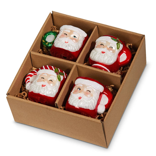 Santa Mug Glass Ornaments - set of 4  | Putti Christmas Decorations