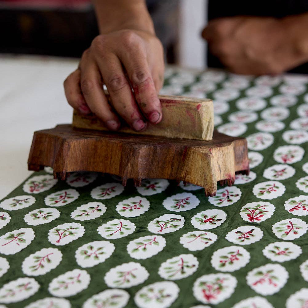 Paper Mirchi Block Printed Wrapping Paper Sheet - Scallop Tiles Holly Green