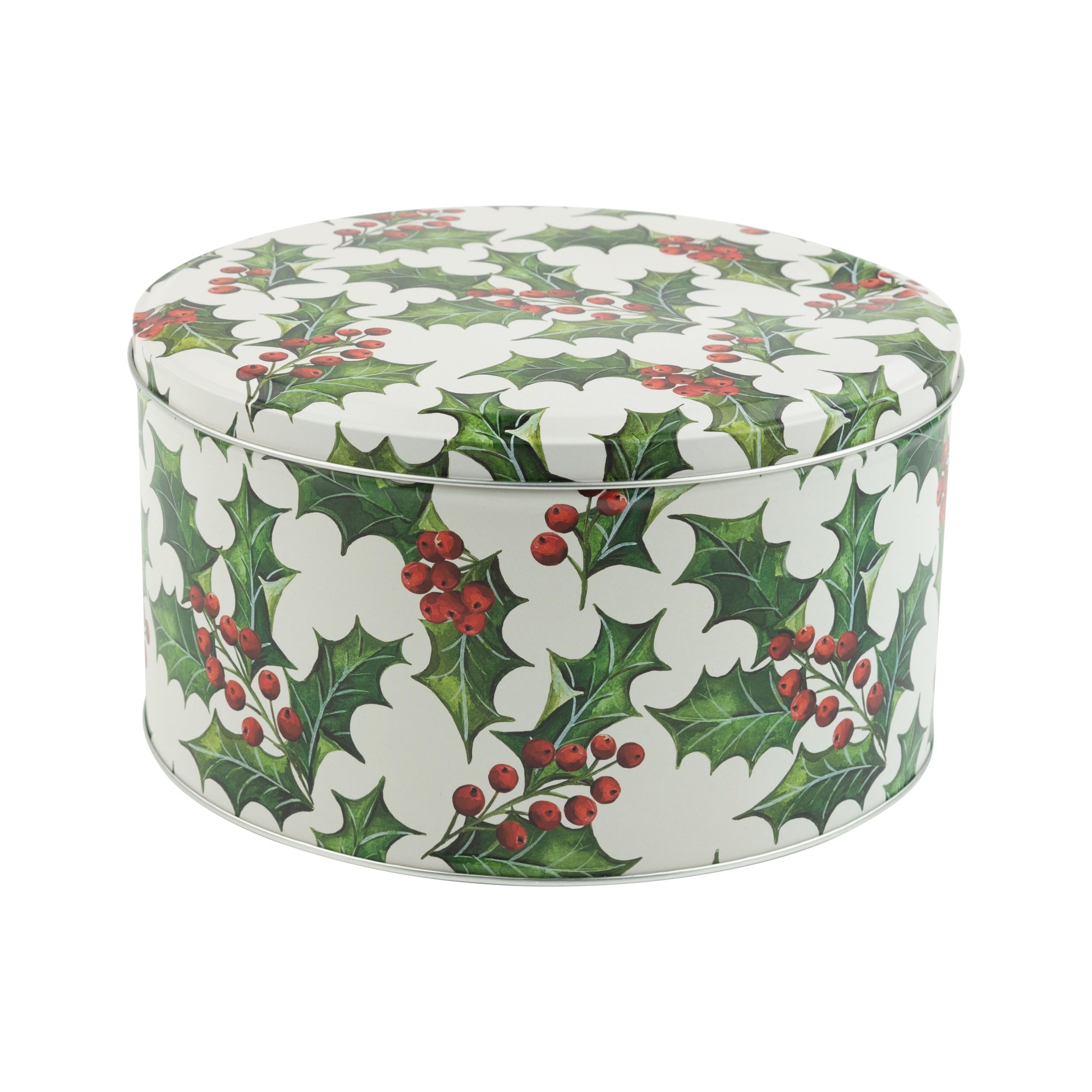 Holly Printted Tin Lidded Cookie Container | Putti Christmas Decorations