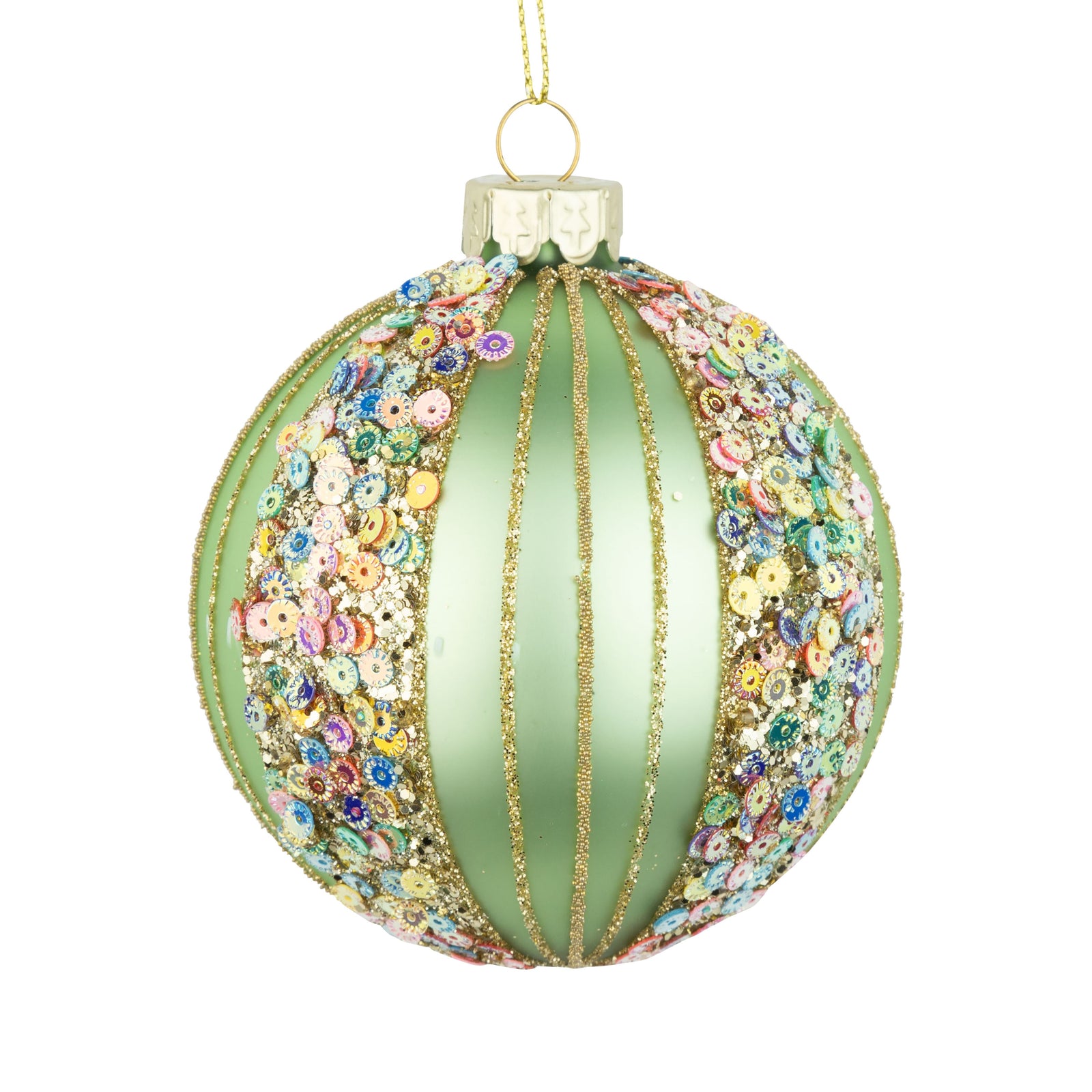Matte Green with Sequin Stripes Glass Ball Ornament
