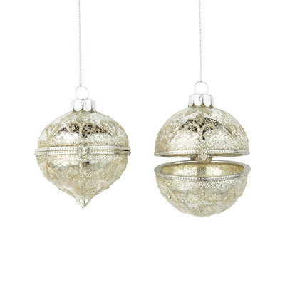 Mottled Silver with Glitter Glass Trinket Box Ornament - Ball