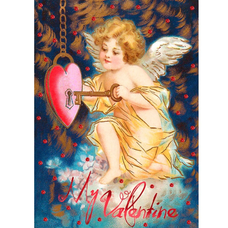 Cherub with Heart Lock and Key Hand Glittered Greeting Card