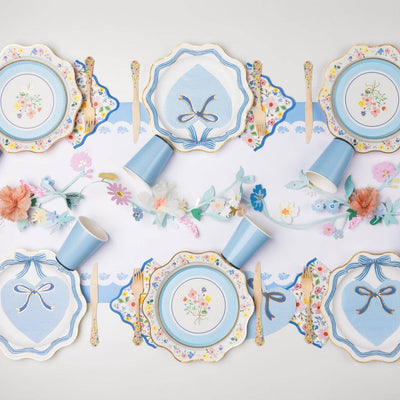 Bonjour Fête Elegant Blue & Gold Bow Paper Dinner Plates