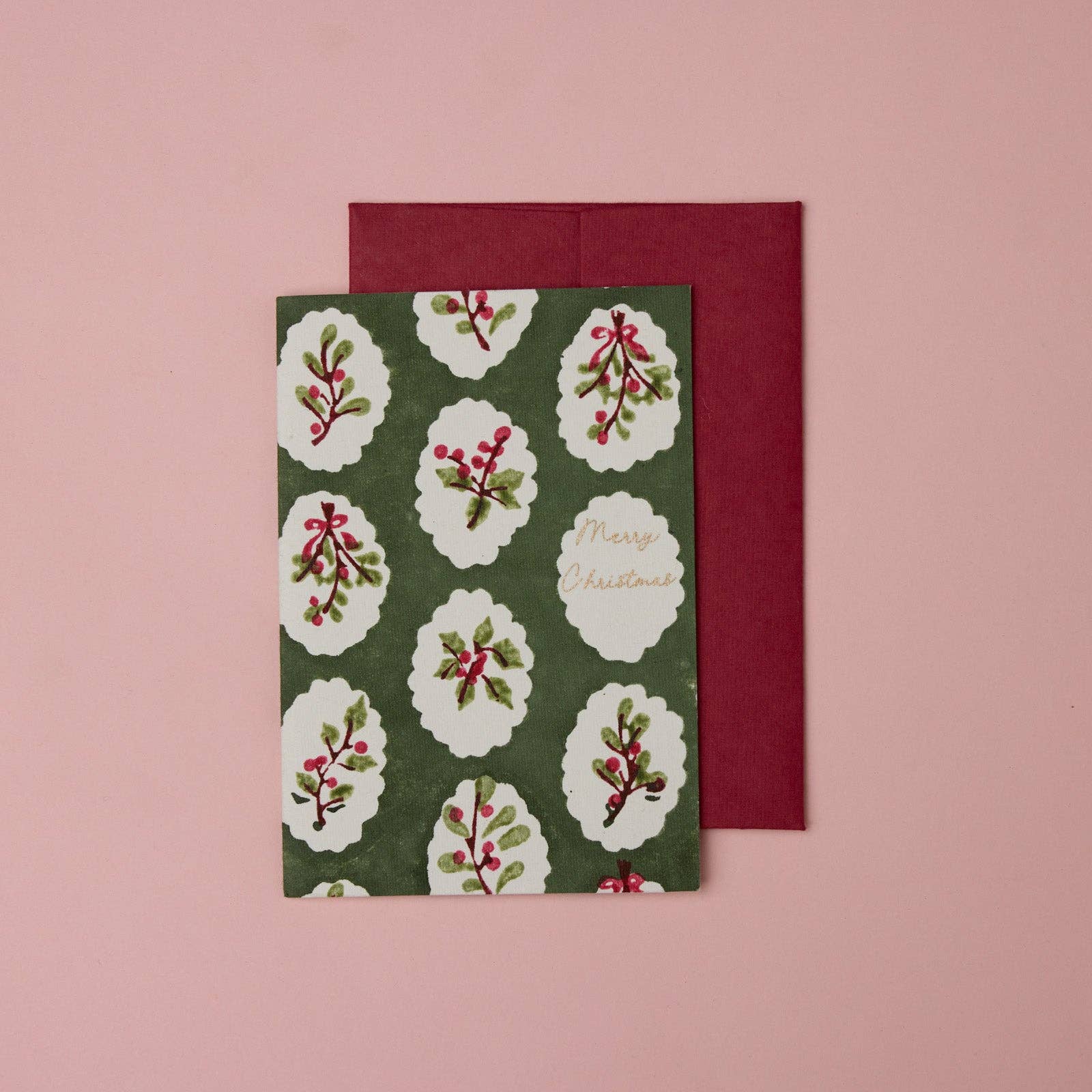 Hand Block Printed Greeting Card - Scallop Tiles Holly Green