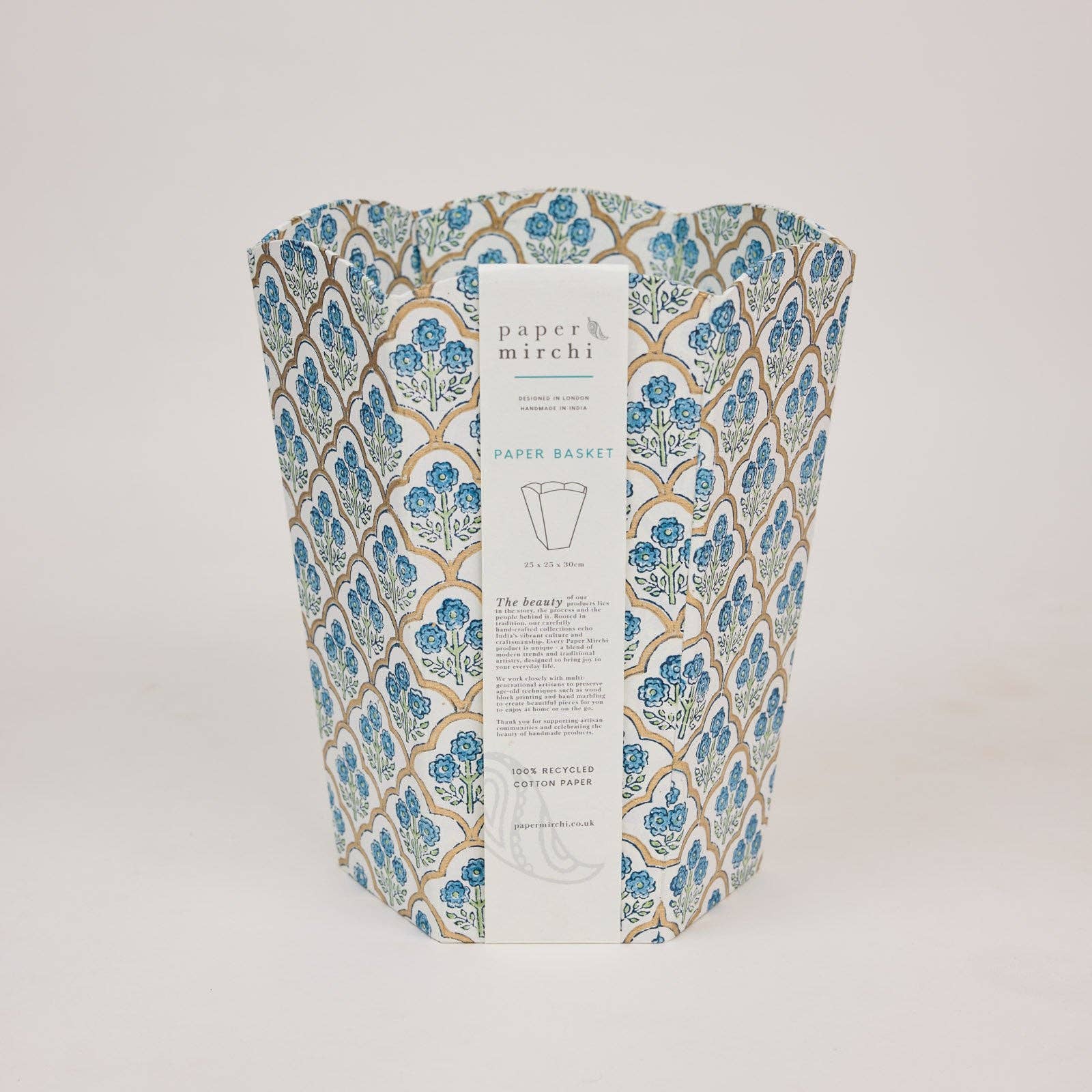 Block Printed Waste Paper Basket - Trellis Indigo