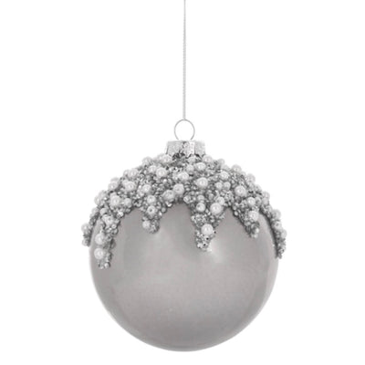 Glossy Grey Grey with Pearls Glass Ball Ornament | Putti Christmas Decorations