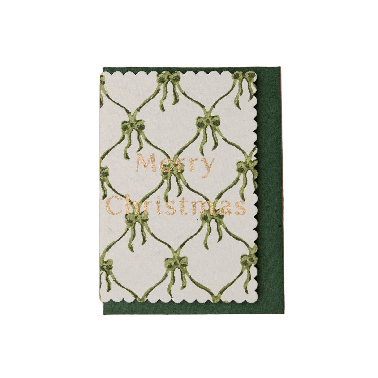Hand Block Printed Greeting Card - Bows Holly Green