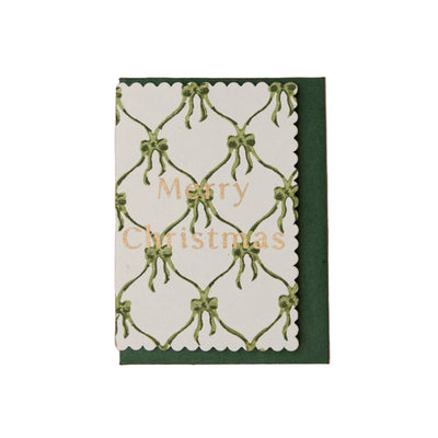 Hand Block Printed Greeting Card - Bows Holly Green