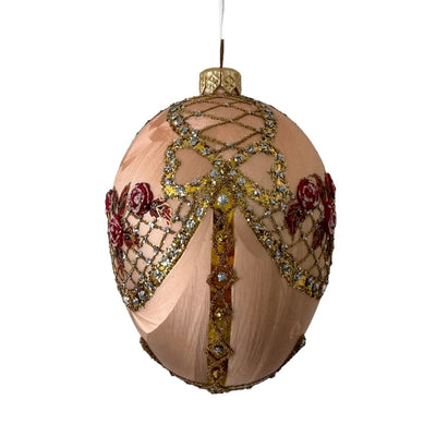 Peach with Rose Trellis European Glass Egg Ornament  | Putti Christmas