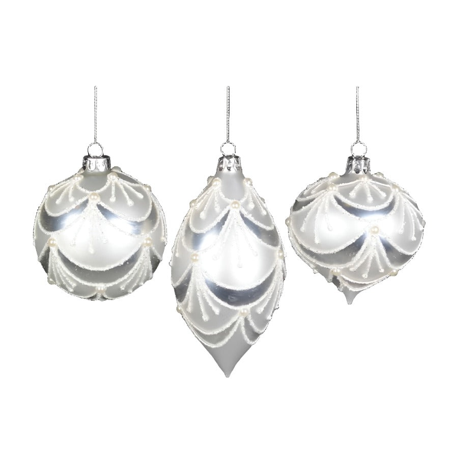 White with Glittered Scallops Glass Ornament