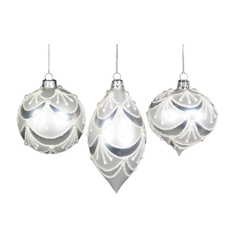 White with Glittered Scallops Glass Ornament