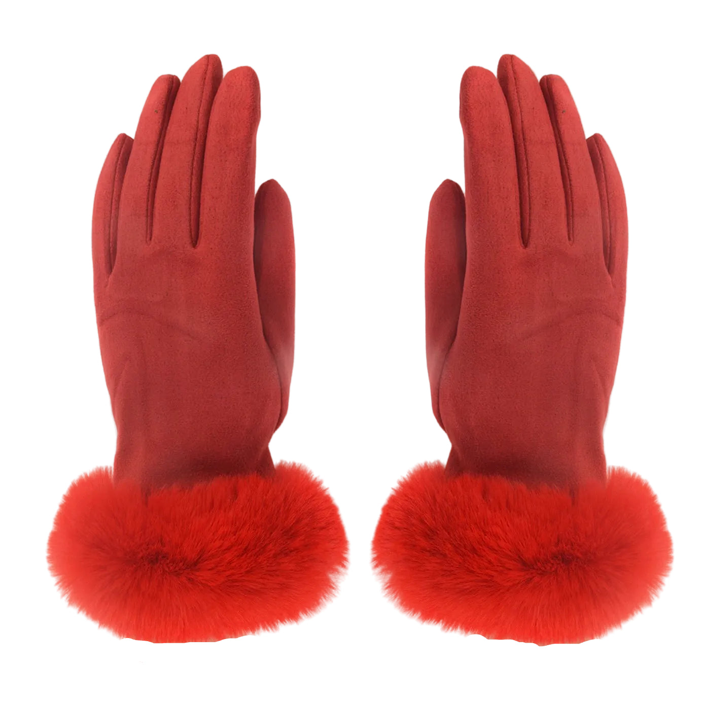 Fur Trimmed Ultra Suede Gloves - Red