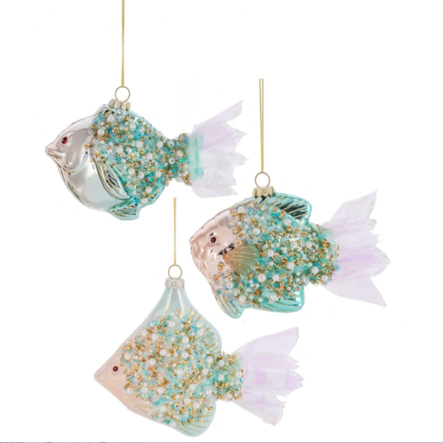Aqua Beaded Glass Fish Ornament