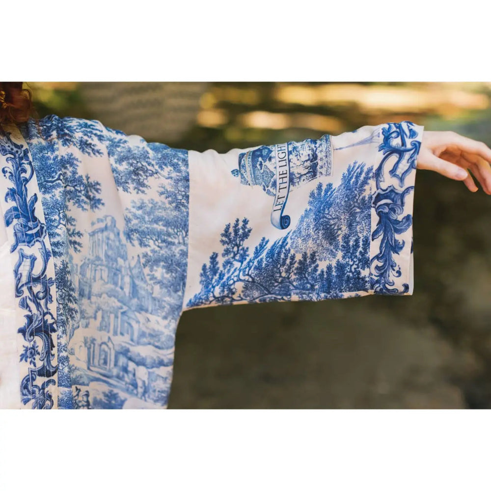 "Let the Light in" Delft Blue Print Cropped Kimono