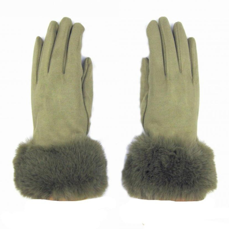 Fur Trimmed Ultra Suede Gloves - Olive