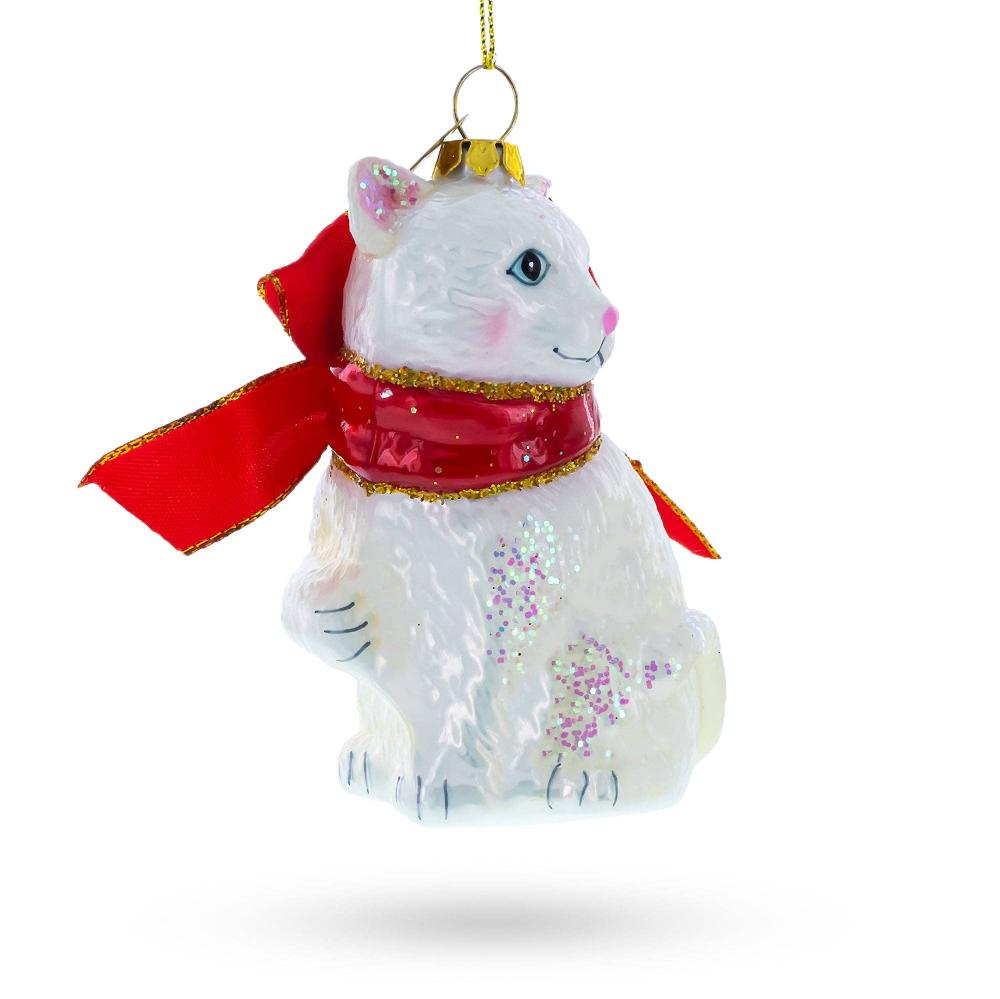 Elegant White Persian Cat Glass Christmas Ornament | Putti Christmas Ornaments