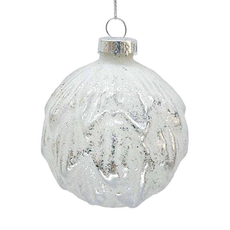 Silver with White Leaf Glass Ball Ornament