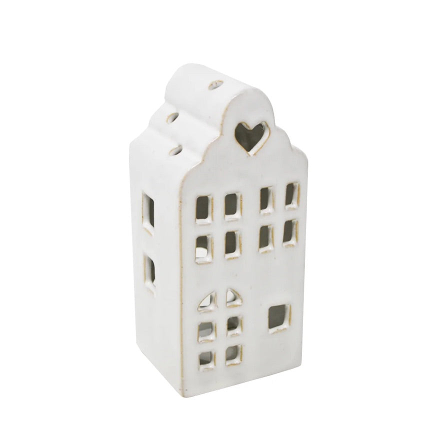 White Ceramic House with Cut Out Windows | Putti Christmas Decorations
