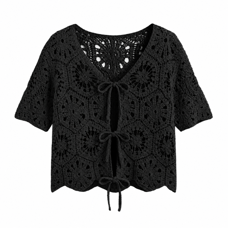 Crochet Short Sleeve Cardigan - Black