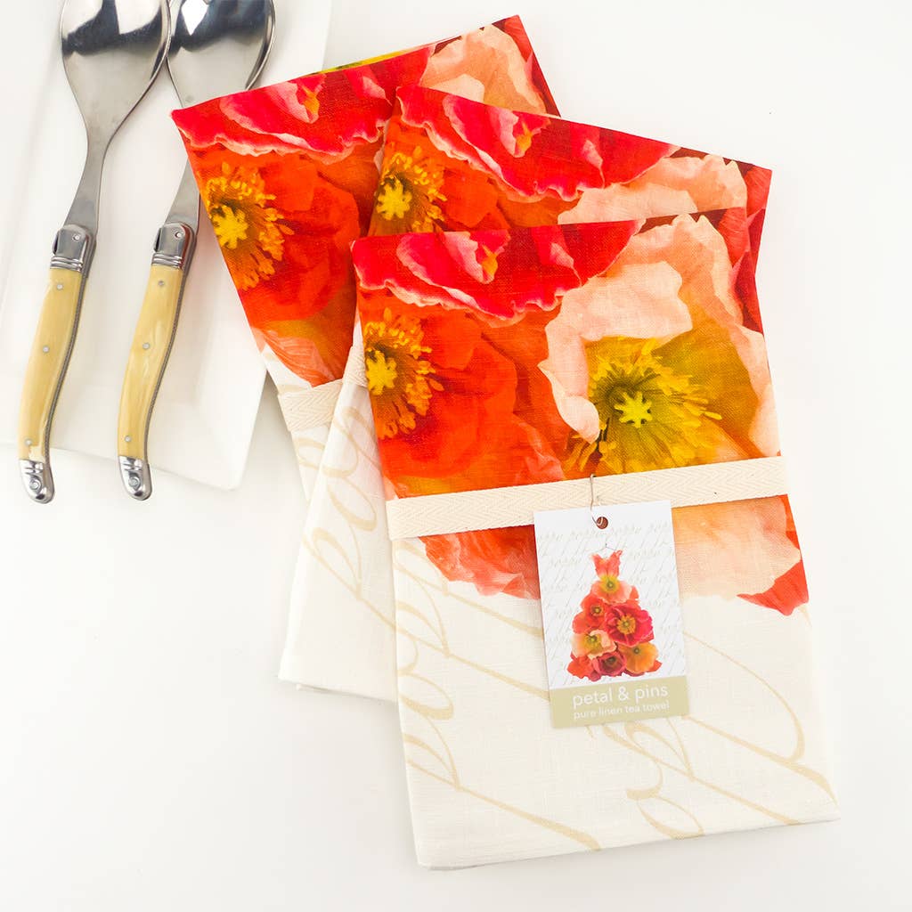 Petal & Pins Linen Tea Towel - Orange & Lemon Poppy Design