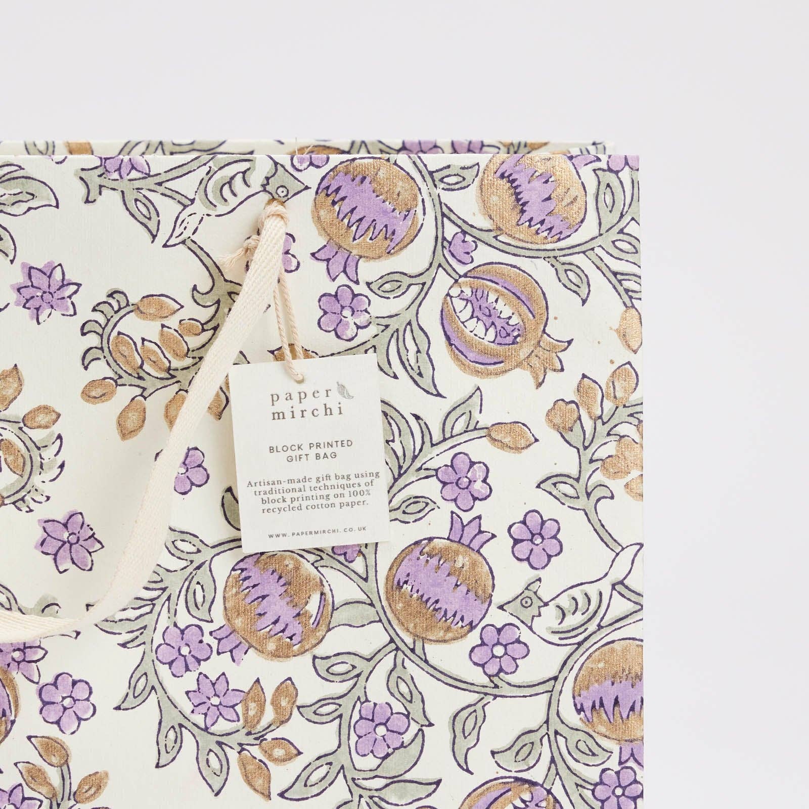 Hand Block Printed Gift Bag Lavender - Large