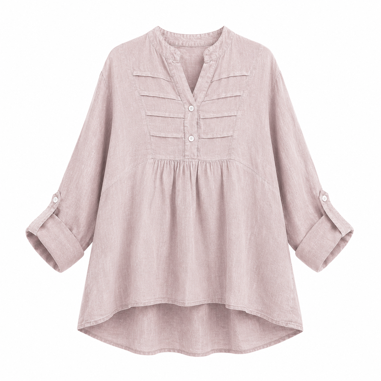 Plain Pleated Front Dip Hem Linen Tunic Top - Pink