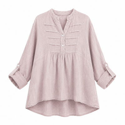 Plain Pleated Front Dip Hem Linen Tunic Top - Pink