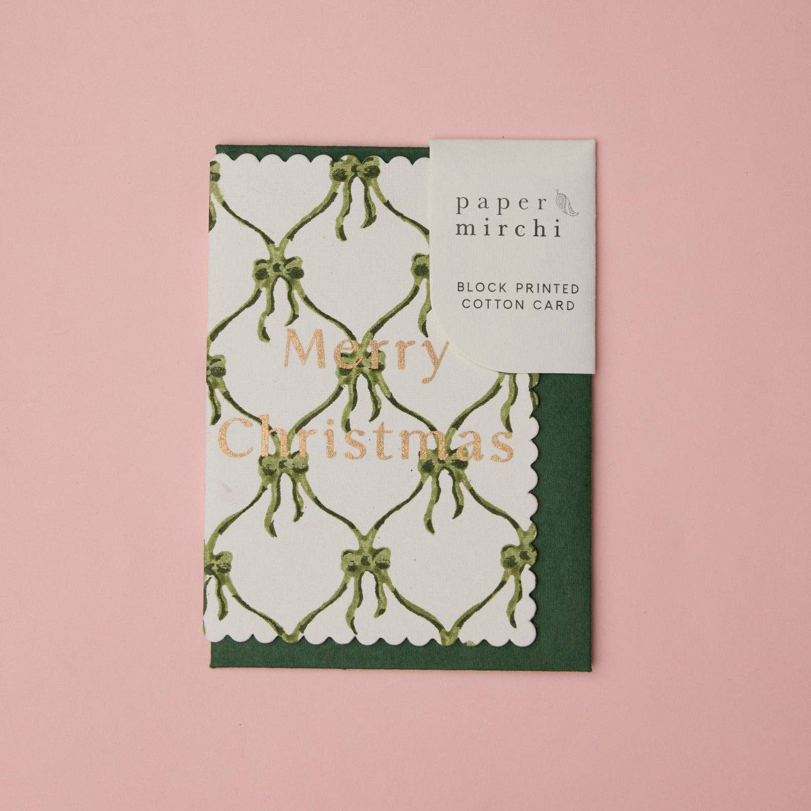 Hand Block Printed Greeting Card - Bows Holly Green