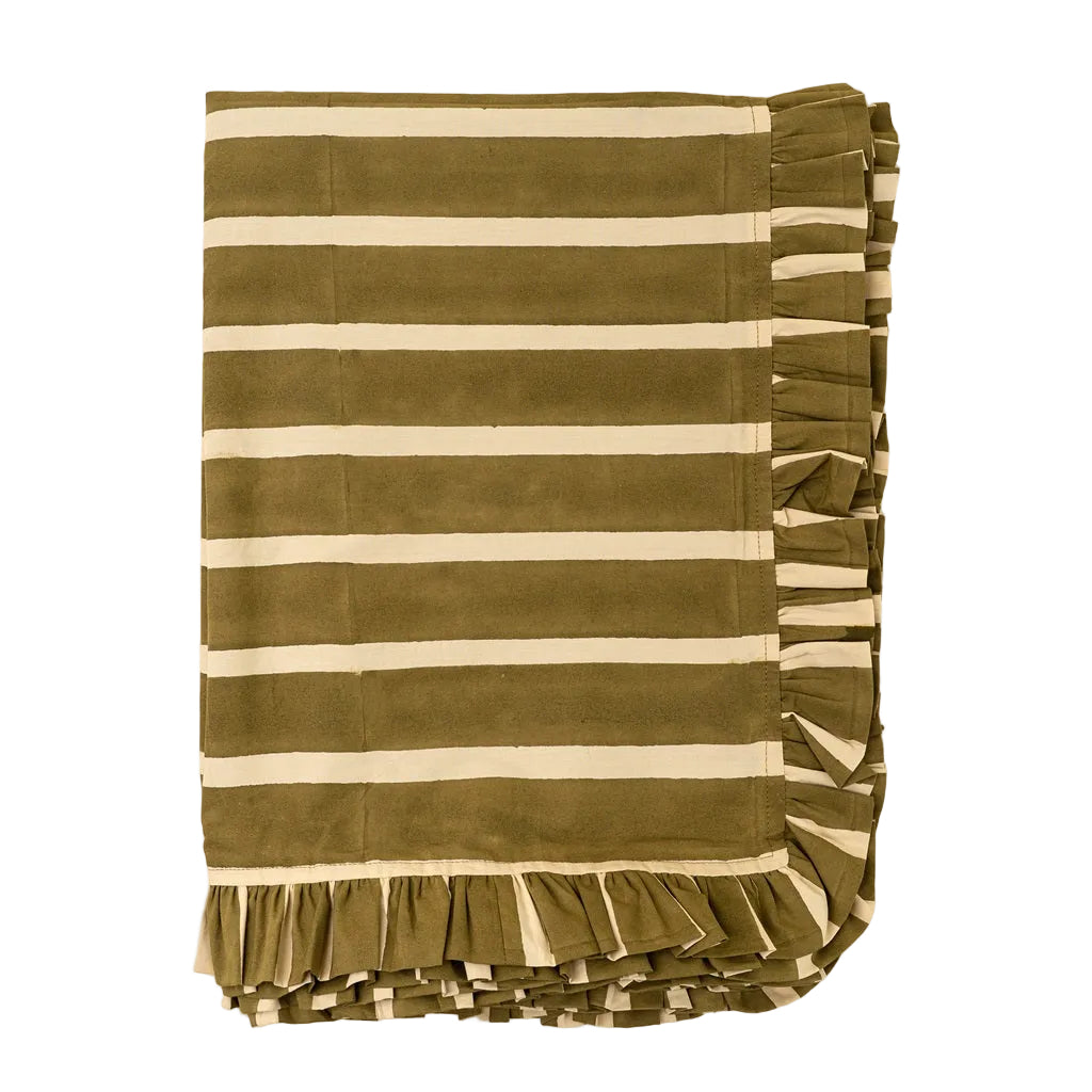 Block Print Stripe Ruffle Tablecloth, Olive