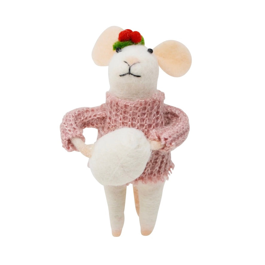 "Snowball Sally" Felt Mouse Ornament | Putti Christmas Decorations